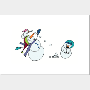 Snowmen having a snowball fight Posters and Art